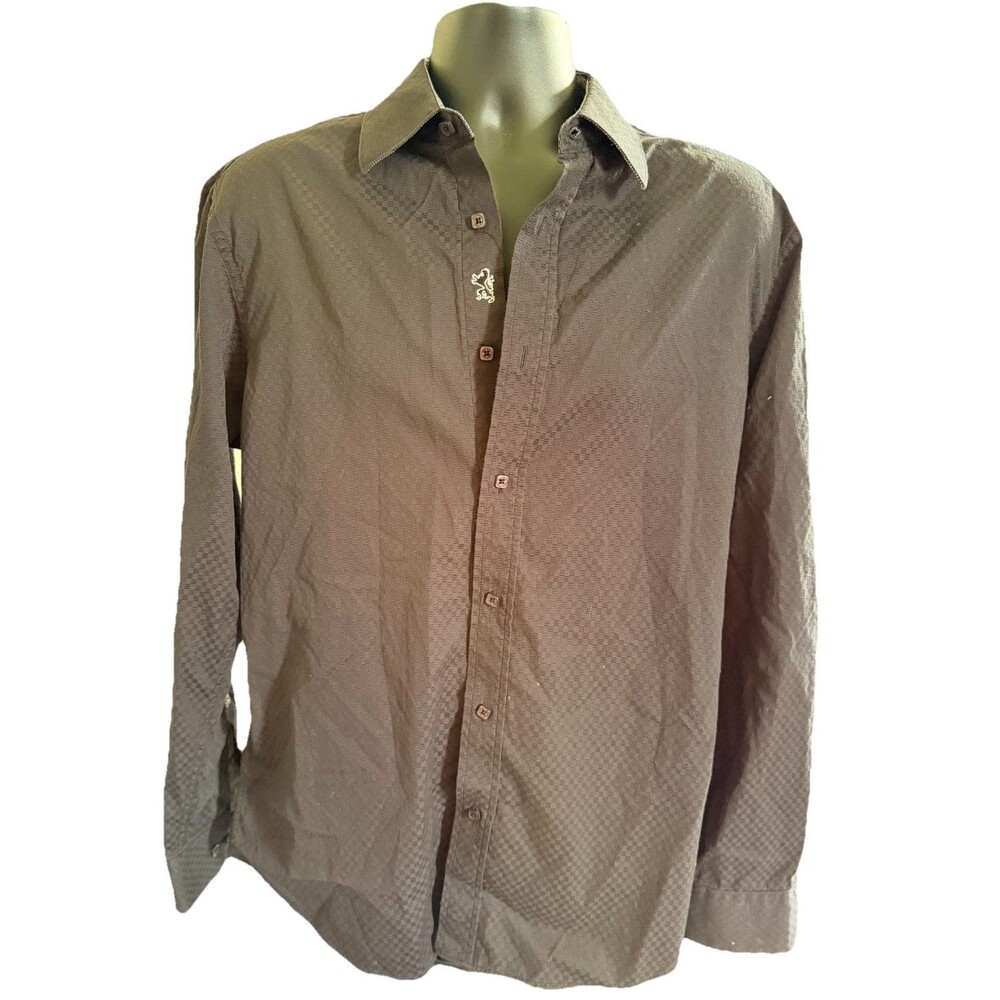 Men’s Bugatchi Button Up Dress Shirt- Long Sleeve- Black-Size Large Checkered